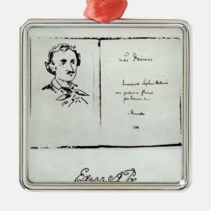 Titelsida av "Les Poemes" vid Edgar Allan Poe Julgransprydnad Metall