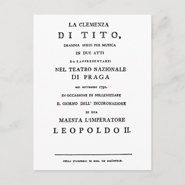 Titelsida för La Clemenza di Tito Libretto Vykort (Framsida)