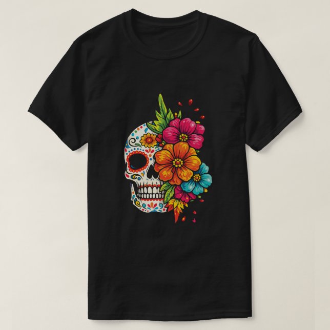 Title: Día de los Muertos Floral Skull T Shirt (Design framsida)