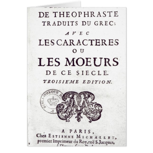 Titlepage 'Les Caracteres de Theophraste Hälsningskort (Framsidan)