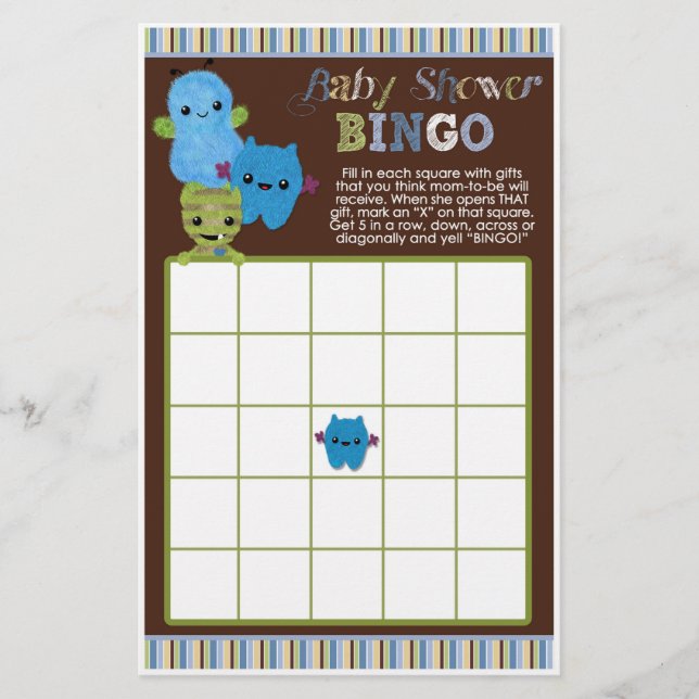 Titta på ett Boo Monsters Baby Shower Game BINGO-k (Framsida)