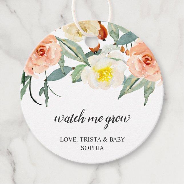 Titta på mig Grow Peach Blommigt Girl Baby Shower Gåvor Etiketter (Framsida)