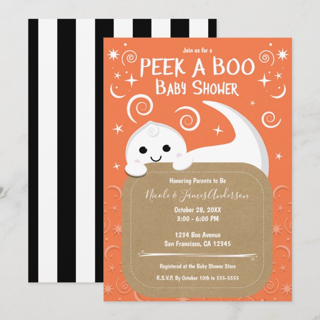 Titta Ut Spöke Orange Halloween Bebis Bada Shower Inbjudningar (Fram/baksida)