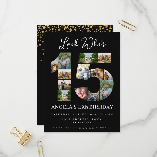 Titta vem är 15 Foto Collage quinceanera inbjudan (Fram/Back In Situ)