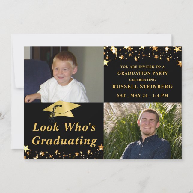 TITTA VEM:S GRADULERANDE Svart Guld-stjärnfoto Inbjudningar (Framsida)