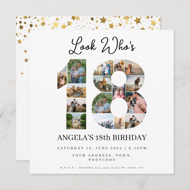 Titta vem som är 18 Foto Collage tonåring födelsed Inbjudningar (Fram/baksida)