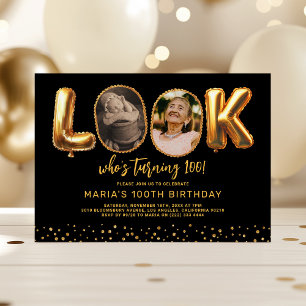 Titta vem som fyller 100 Svart Guld Foto 100-årsda Inbjudningar