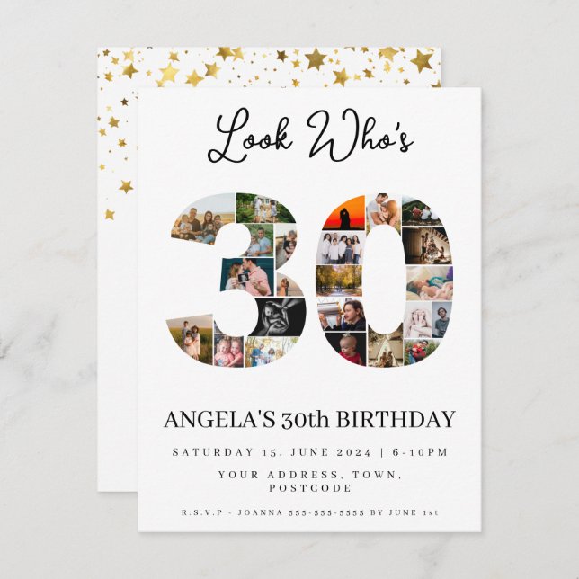 Titta vem som fyller 30 glatt födelsedagsfoto mont inbjudningar (Fram/baksida)