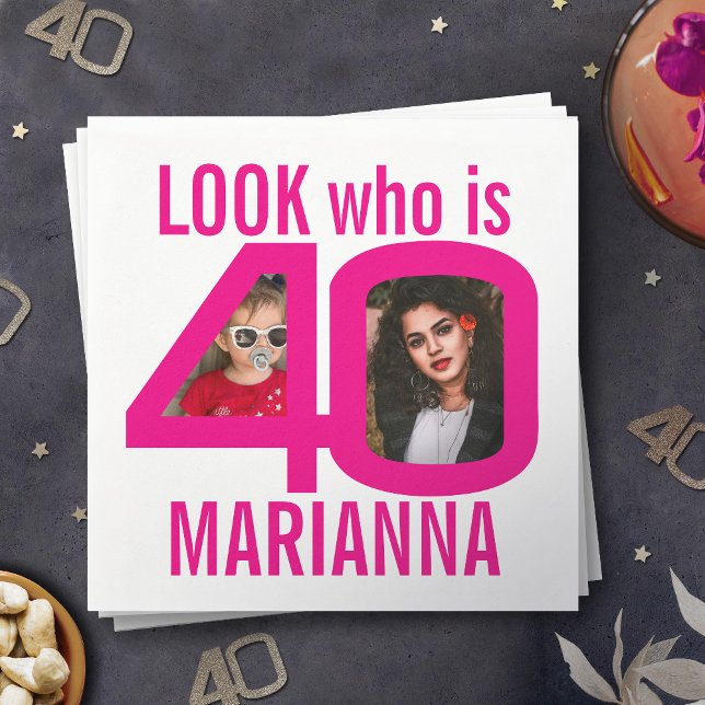 Titta vem som fyller 40 år 2 foton shock rosa part pappersservett (Skapare uppladdad)