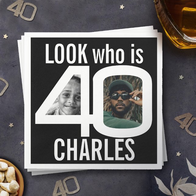 Titta vem som fyller 40 år 2 foton svart party pappersservett (Skapare uppladdad)