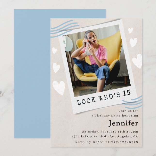 Titta vem som gör 15-årsinbjudningar inbjudningar (Fram/baksida)