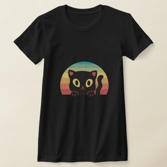 Tittande svart katt – Retro 70-tals solnedgångssth T Shirt (Laydown)