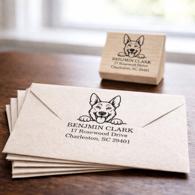 Tittande Tysk Shepherd Husdjur Hund Returadress Stämpel (peeking german shepherd rubber stamp)