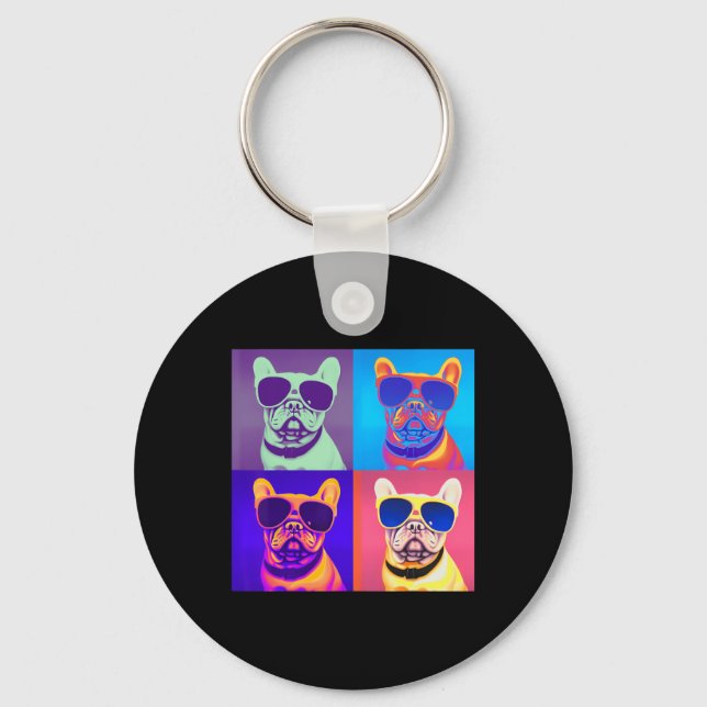 Tittar Fransk Bulldog WC Sunglasses Pop Art Nyckelring (Framsida)