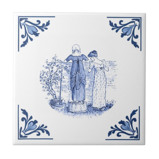 Tittar över stängselhörnstenen blå och vit kakelplatta (Framsidan)