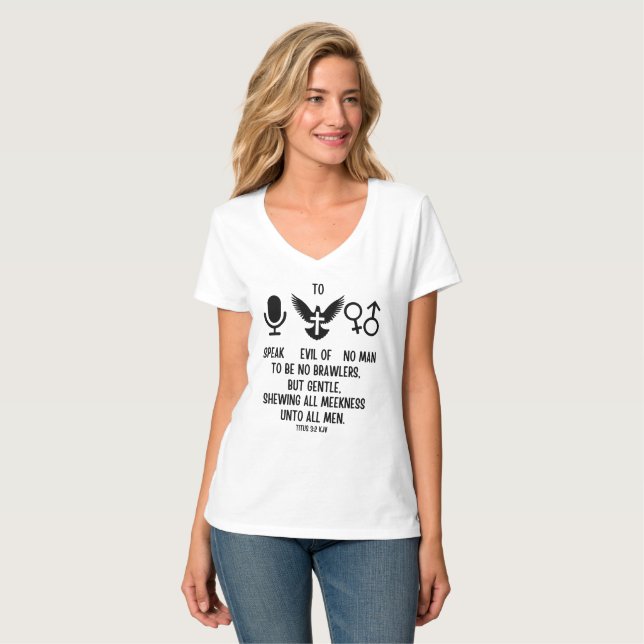 Titus 3:2 KJV Bible Verse Quote Women's V-Nacke T Shirt (Hel framsida)