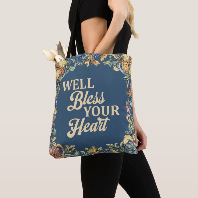 Tja Gud Bless Your Heart Södra Stil Blommande Blåa Tygkasse (Närbild)