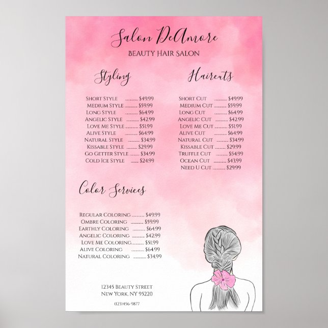 Tjänstemenyn flicka med fläta rosa akvarell poster (Framsidan)