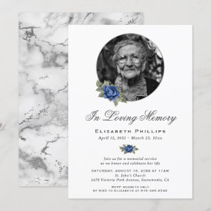 Tjänsten Blue Blommigt Silver Marble Photo Memoria Inbjudningar