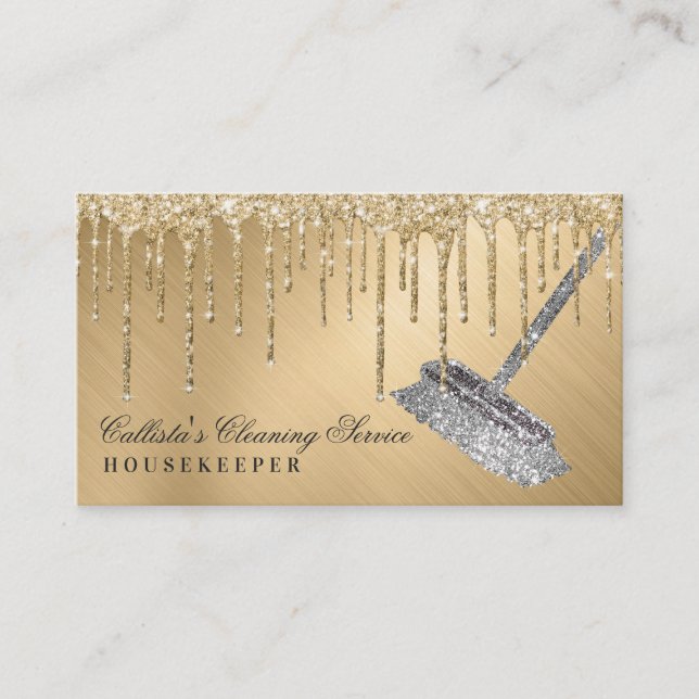 Tjänsten Glam Guld Metallic Glitter Drifts Städnin Visitkort (Framsida)