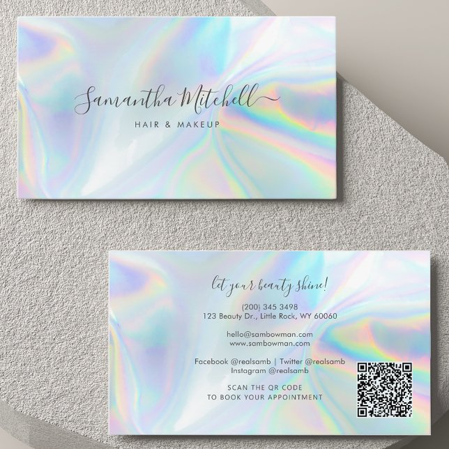 Tjänsten Modern Script QR-kod Holografik Städning  Visitkort (Modern Holographic Script Hair Stylist Business Card)