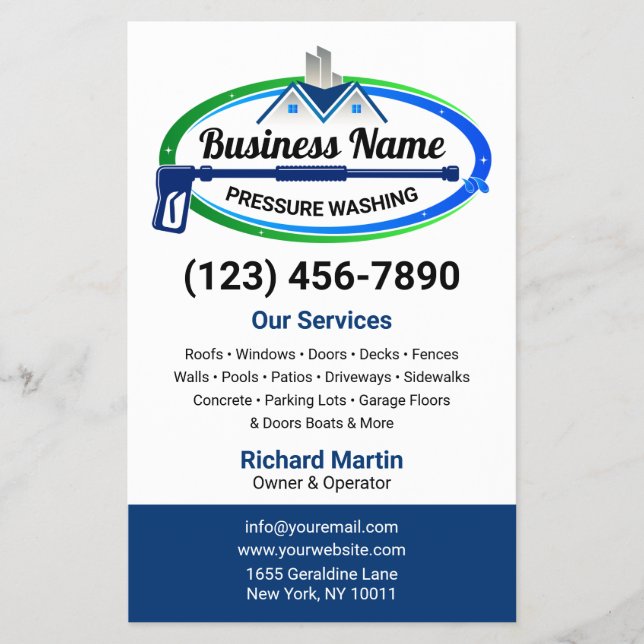 Tjänsten Tvättar blåtrycksblått professionell Grön Flygblad (Framsidan)