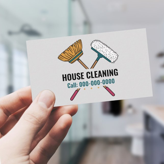 Tjänster för Städning av rum och hus Visitkort (Brooms & House Cleaning Services Business Card)
