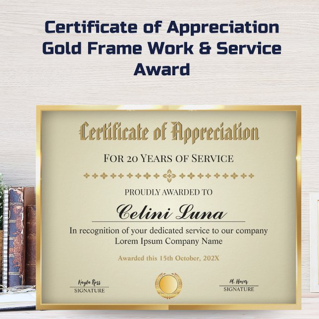 Tjänstgöringsintyg - Professionell Guld (Certificate of Appreciation - Gold Frame Work & Service Award)