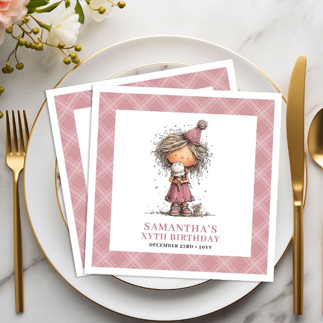 Tjej 6-års födelsedagsfest Roliga Snälla Rosa Serv Pappersservett (Girl 6th Birthday Party Funny Quirky Pink Napkins)