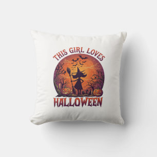 Tjej älskar Halloween-häxa pumpor fladdermöss_1 Kudde