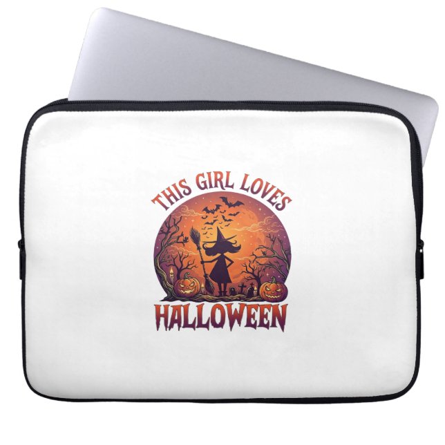 Tjej älskar Halloween-häxa pumpor fladdermöss_1 Laptop Fodral (Framsidan)