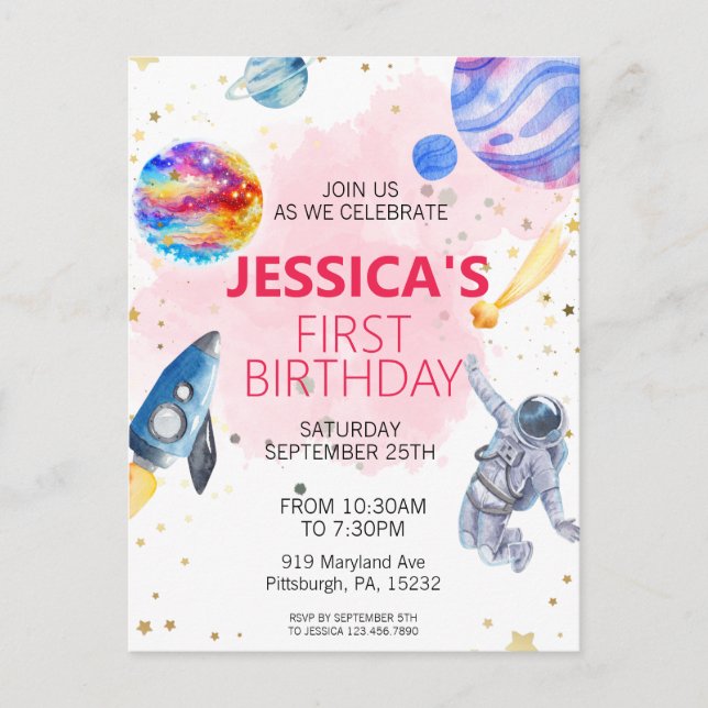 Tjej Astronaut Yttre rymden Rymdskepp Planet Vykort (Framsida)