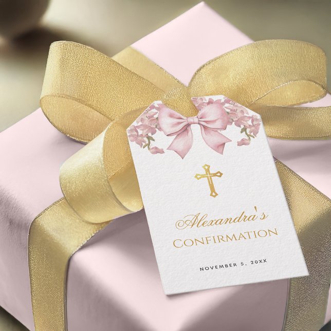 Tjej bekräftelse rosa rosett oäkta guld kors blomm presentetikett (Skapare uppladdad)