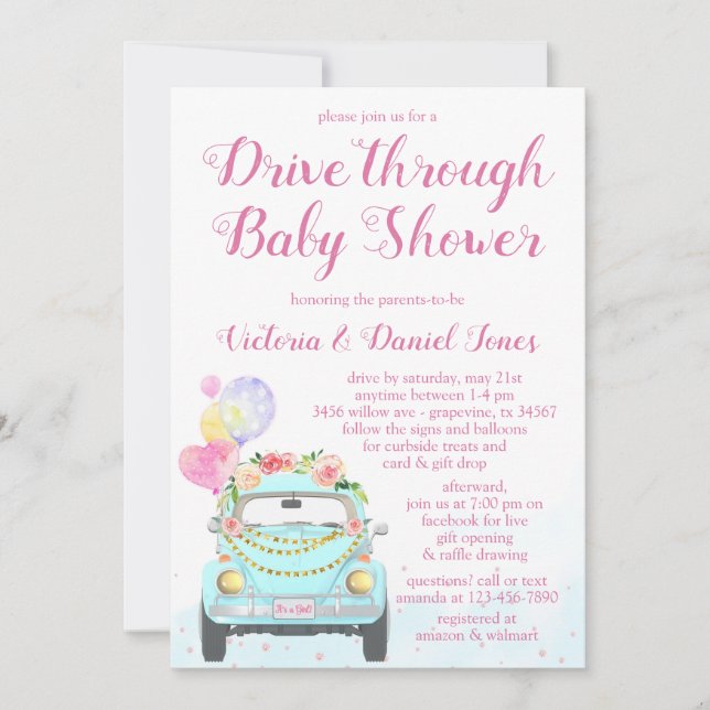 Tjej Bil Drive Through Baby Shower Inbjudningar (Framsida)