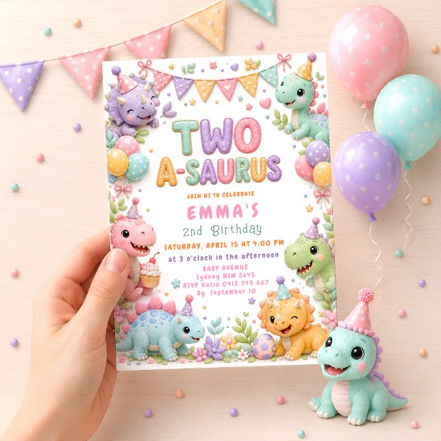 Tjej Dinosaurie Two-A-Saurus 2-års födelsedagsfest Inbjudningar (Skapare uppladdad)