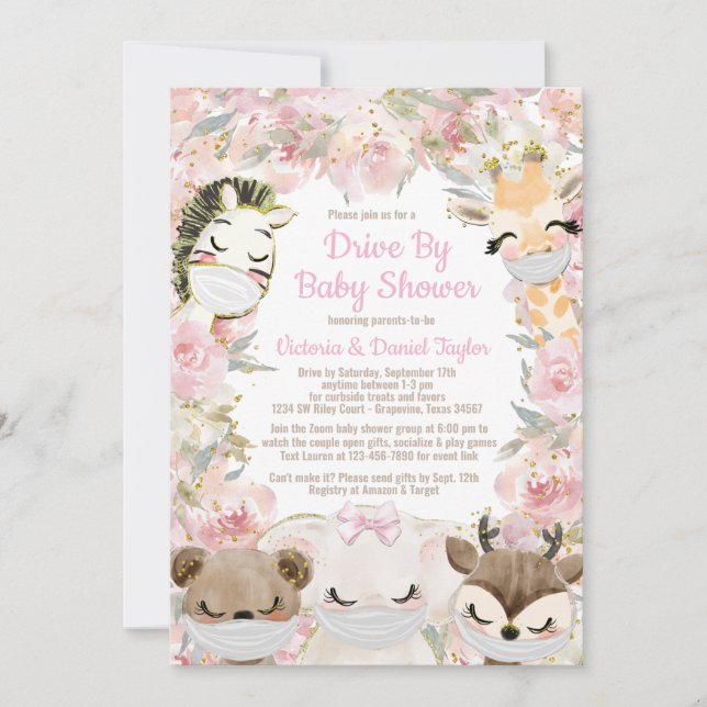 Tjej djur med masker Drive By Baby Shower Inbjudningar (Framsida)