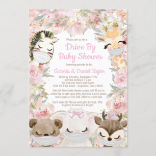 Tjej djur med masker Drive By Baby Shower Inbjudningar