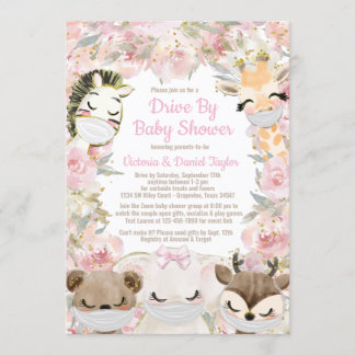 Tjej djur med masker Drive By Baby Shower Inbjudningar