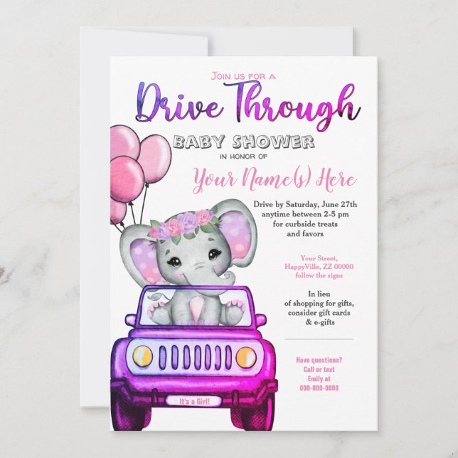 Tjej Drive By Baby Shower Elefant Rosa Lila Inbjudningar (Framsida)