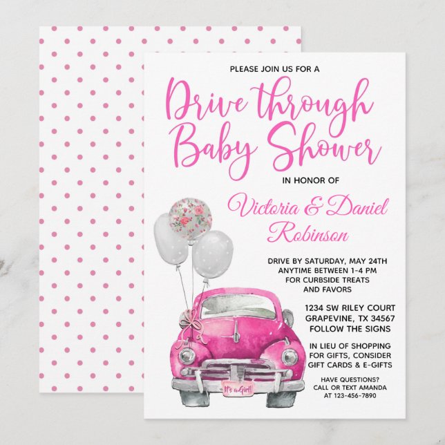 Tjej Drive Through Baby Shower Bil Inbjudningar (Fram/baksida)