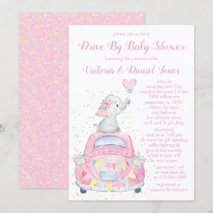 Tjej Elefant Bil Drive By Baby Shower Inbjudningar