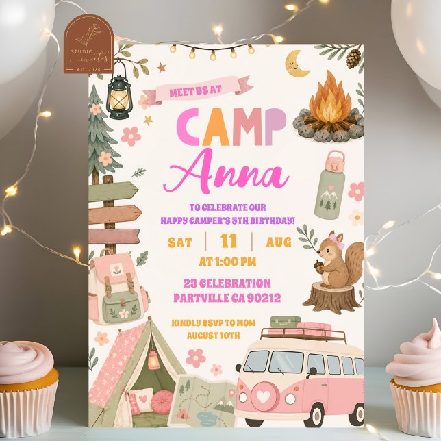 Tjej Glad Camping Rosa Camping Födelsedag Inbjudningar (Skapare uppladdad)