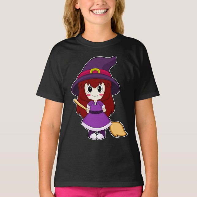 Tjej Halloween Häxa Kvast T Shirt (Framsida)