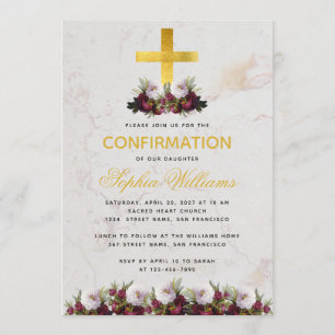 Tjej Konfirmation Guld Kors Vinröd Peony Marmor Inbjudningar