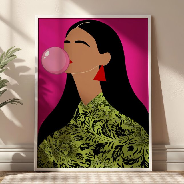 Tjej med rosa bubbelgummiillustration Funky konst  Poster (Skapare uppladdad)