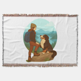 Tjej och bergshund Äventyrsillustration Filt