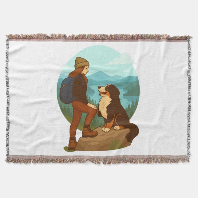 Tjej och bergshund Äventyrsillustration Filt (Framsidan)