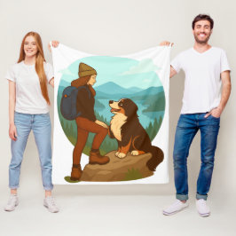 Tjej och bergshund Äventyrsillustration Fleecefilt