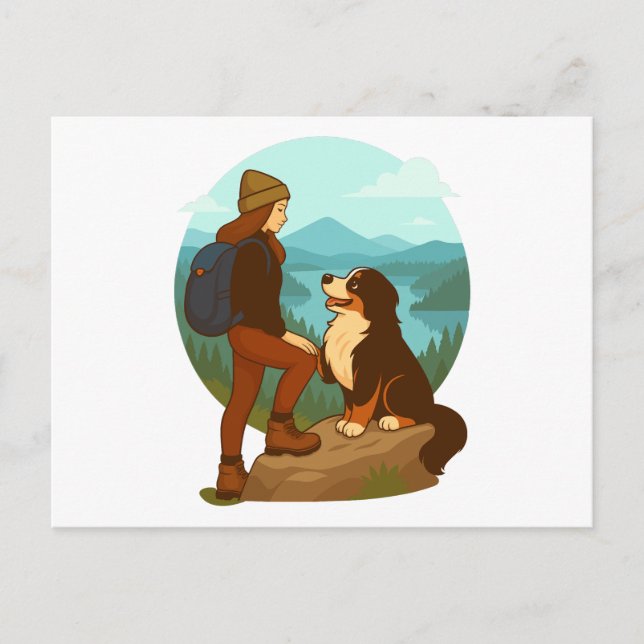 Tjej- och bergshundsäventyrillustration vykort (Framsida)