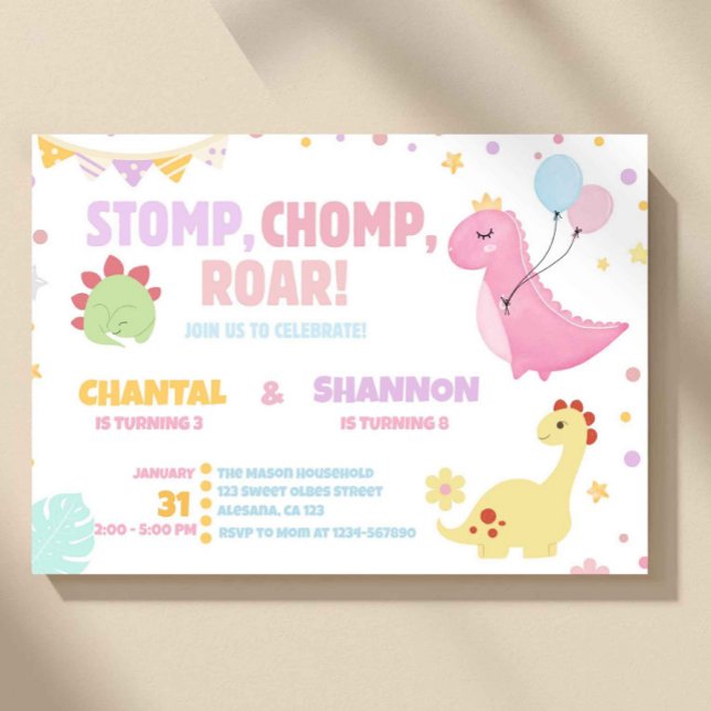 Tjej Pastell Rosa Dinosaurie Led Födelsedag Inbjudningar (dinosaur birthday invitation, joint birthday invite, sibling birthday invite, kids dino party invite)